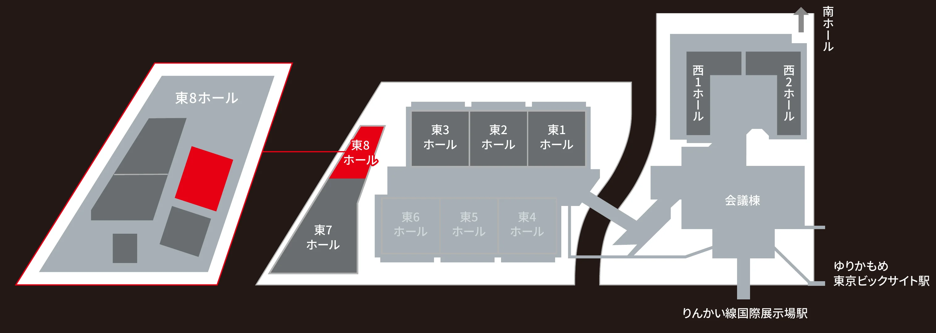 東京ビッグサイト会場図。東8ホール内にジェイテクトブース（E8003／E8004）が位置する。最寄り駅はゆりかもめ東京ビックサイト駅、りんかい線国際展示場駅。JIMTOF2026展示場は92,850㎡（東・西・南展示棟）、東4〜6ホールを除く。